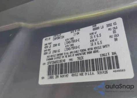 1995 Dodge Ram 2500 from USA, damaged, VIN 1B7KF26W8SS186148